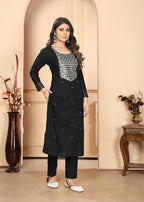 Monjolika Fashion Black Premium Rayon Heavy Sequence Embroidery Kurtis Pant Pair | Grocsy