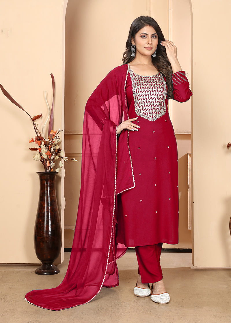 Monjolika Fashion Red Premium Rayon Heavy Sequence Embroidery Kurtis Pant Pair | Grocsy