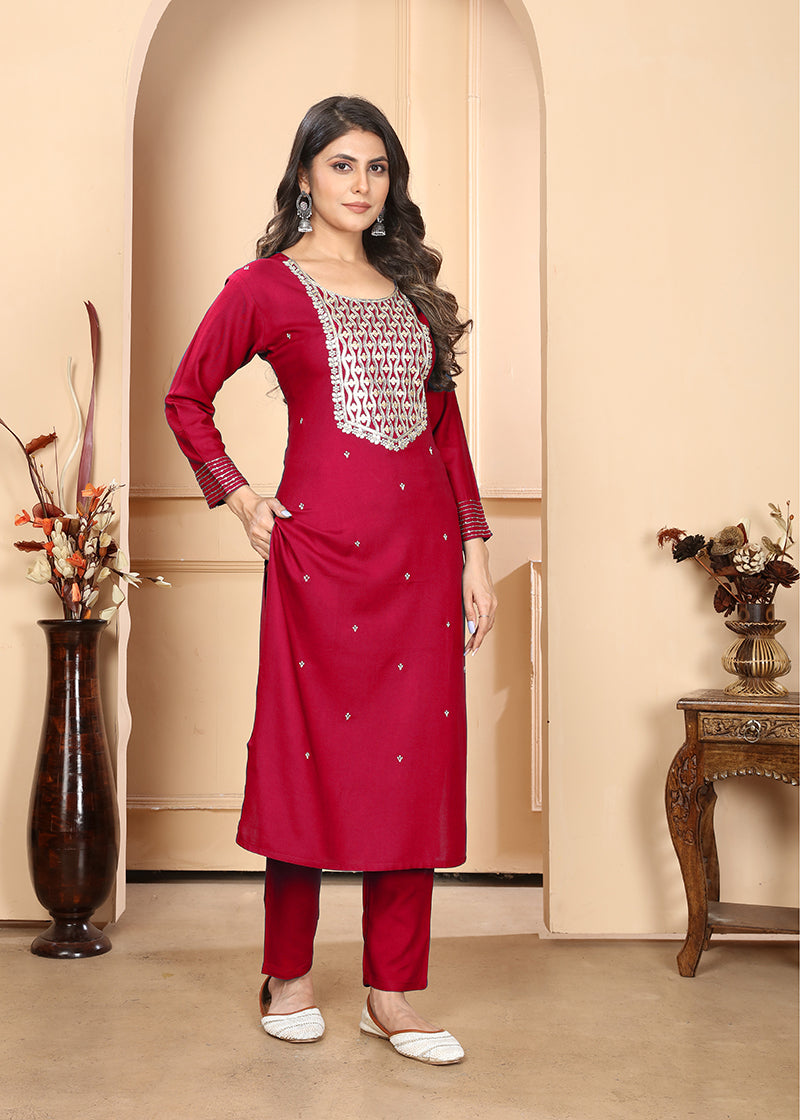 Monjolika Fashion Red Premium Rayon Heavy Sequence Embroidery Kurtis Pant Pair | Grocsy