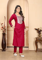 Monjolika Fashion Red Premium Rayon Heavy Sequence Embroidery Kurtis Pant Pair | Grocsy