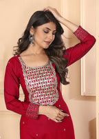 Monjolika Fashion Red Premium Rayon Heavy Sequence Embroidery Kurtis Pant Pair | Grocsy