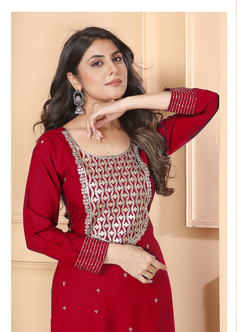 Monjolika Fashion Red Premium Rayon Heavy Sequence Embroidery Kurtis Pant Pair | Grocsy