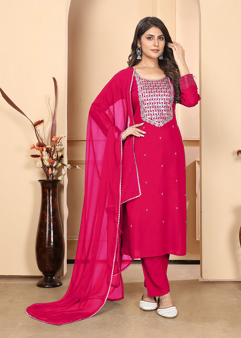 Monjolika Fashion Dark Pink Premium Rayon Heavy Sequence Embroidery Kurtis Pant Pair | Grocsy