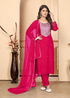 Monjolika Fashion Dark Pink Premium Rayon Heavy Sequence Embroidery Kurtis Pant Pair | Grocsy