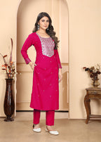 Monjolika Fashion Dark Pink Premium Rayon Heavy Sequence Embroidery Kurtis Pant Pair | Grocsy