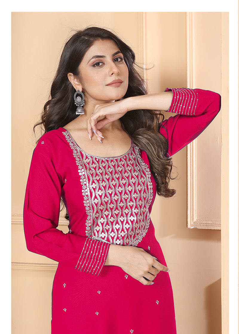 Monjolika Fashion Dark Pink Premium Rayon Heavy Sequence Embroidery Kurtis Pant Pair | Grocsy