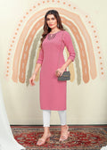 Monjolika Fashion Light Pink Maaza Cotton Hand Work With Pocket Kurti | Grocsy