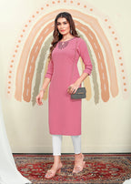 Monjolika Fashion Light Pink Maaza Cotton Hand Work With Pocket Kurti | Grocsy