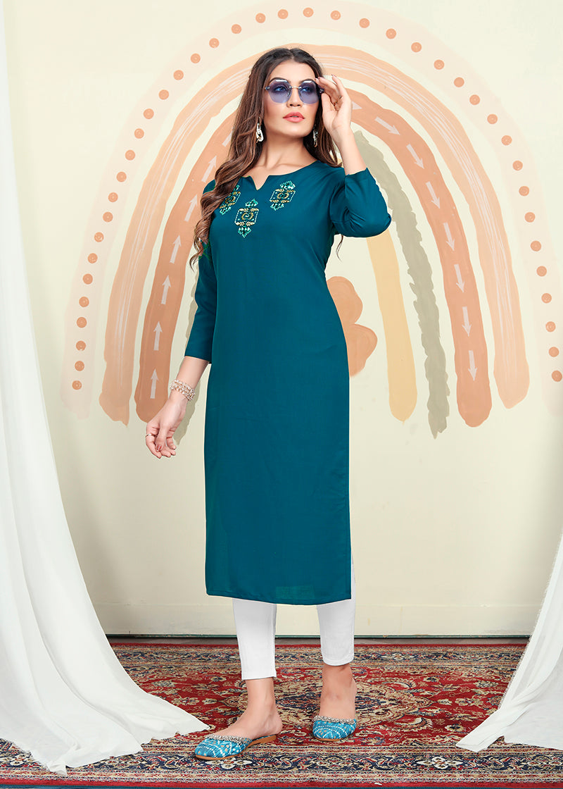Monjolika Fashion Teal Blue Maaza Cotton Hand Work With Pocket Kurti | Grocsy