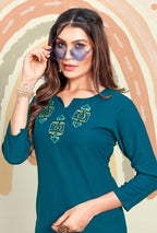 Monjolika Fashion Teal Blue Maaza Cotton Hand Work With Pocket Kurti | Grocsy