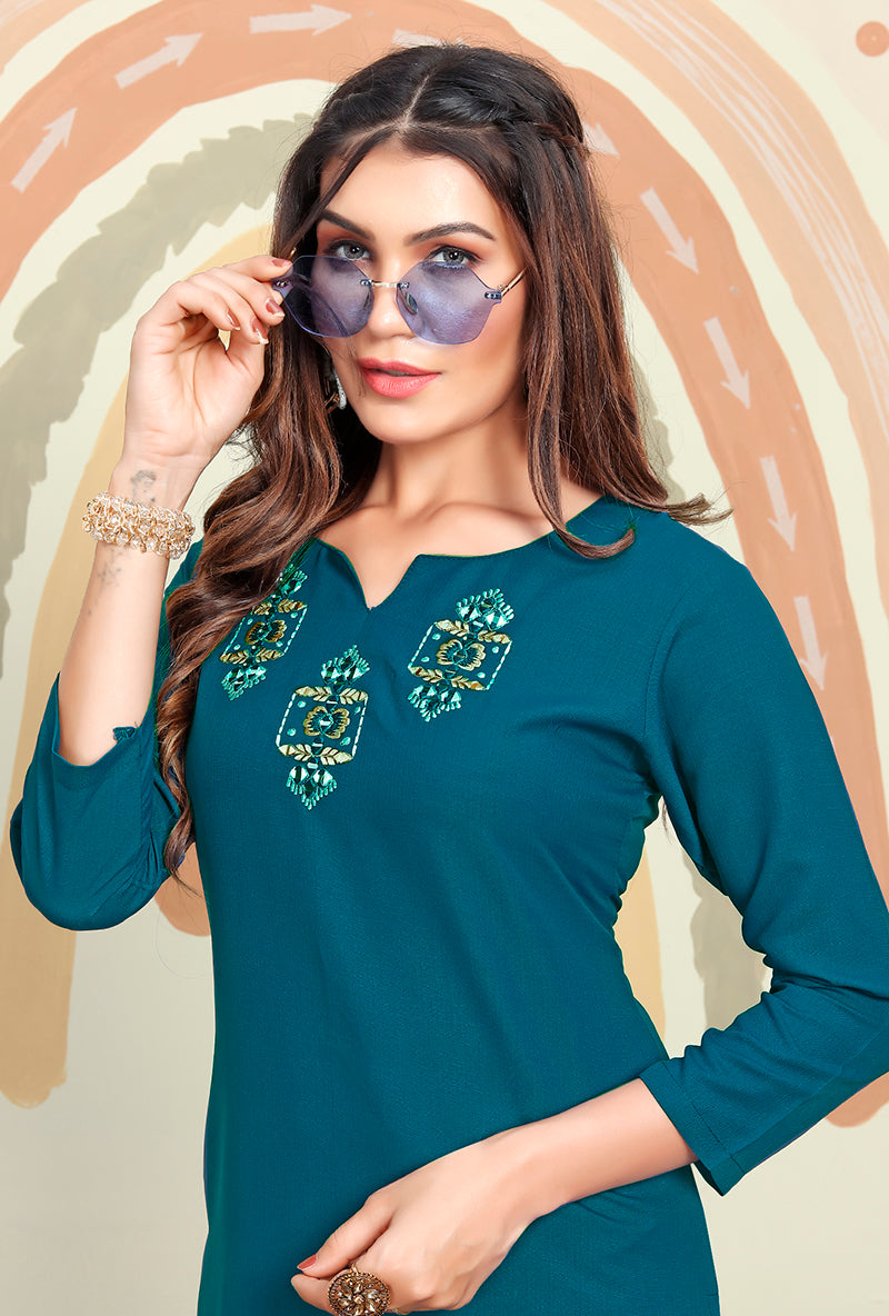 Monjolika Fashion Teal Blue Maaza Cotton Hand Work With Pocket Kurti | Grocsy