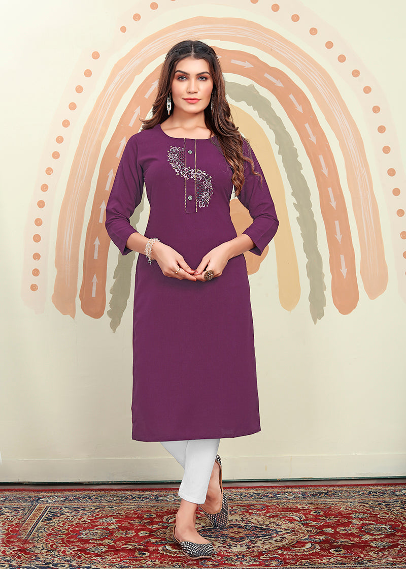 Monjolika Fashion Purple Maaza Cotton Hand Work With Pocket Kurti | Grocsy