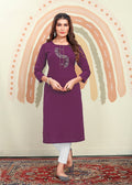 Monjolika Fashion Purple Maaza Cotton Hand Work With Pocket Kurti | Grocsy