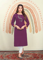 Monjolika Fashion Purple Maaza Cotton Hand Work With Pocket Kurti | Grocsy