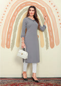 Monjolika Fashion Grey Maaza Cotton Hand Work With Pocket Kurti | Grocsy