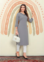 Monjolika Fashion Grey Maaza Cotton Hand Work With Pocket Kurti | Grocsy