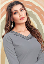 Monjolika Fashion Grey Maaza Cotton Hand Work With Pocket Kurti | Grocsy