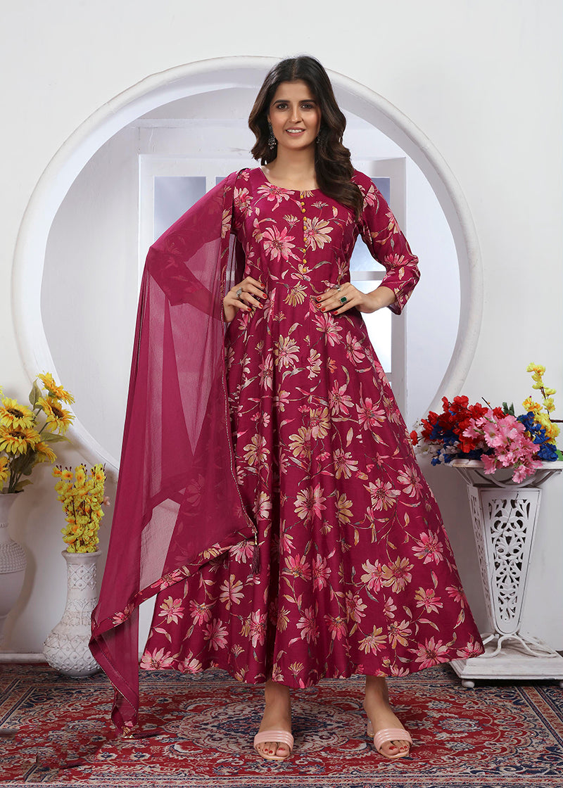 Monjolika Fashion Rani Pink Premium Chanderi Floral Printed Long Kurti With Dupatta | Grocsy