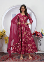 Monjolika Fashion Rani Pink Premium Chanderi Floral Printed Long Kurti With Dupatta | Grocsy