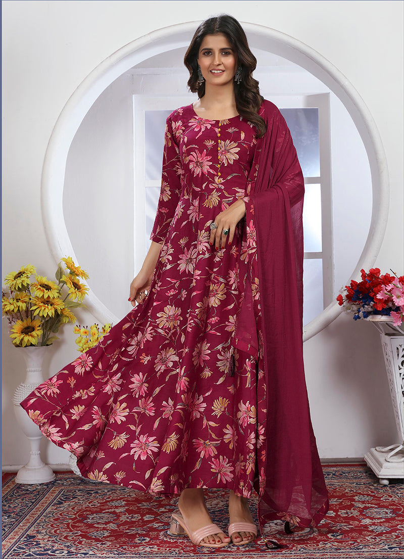 Monjolika Fashion Rani Pink Premium Chanderi Floral Printed Long Kurti With Dupatta | Grocsy
