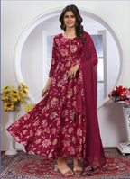 Monjolika Fashion Rani Pink Premium Chanderi Floral Printed Long Kurti With Dupatta | Grocsy