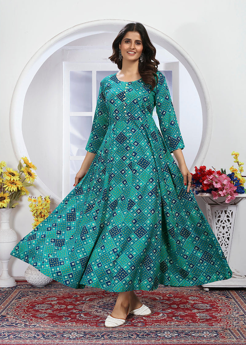 Monjolika Fashion Turquoise Premium Chanderi Floral Printed Long Kurti With Dupatta | Grocsy