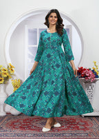 Monjolika Fashion Turquoise Premium Chanderi Floral Printed Long Kurti With Dupatta | Grocsy