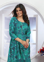 Monjolika Fashion Turquoise Premium Chanderi Floral Printed Long Kurti With Dupatta | Grocsy
