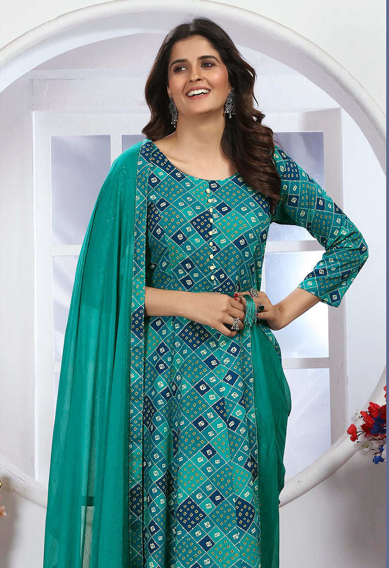Monjolika Fashion Turquoise Premium Chanderi Floral Printed Long Kurti With Dupatta | Grocsy
