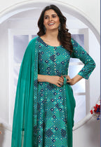 Monjolika Fashion Turquoise Premium Chanderi Floral Printed Long Kurti With Dupatta | Grocsy