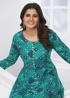 Monjolika Fashion Turquoise Premium Chanderi Floral Printed Long Kurti With Dupatta | Grocsy