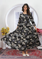 Monjolika Fashion Black Premium Chanderi Floral Printed Long Kurti With Dupatta | Grocsy