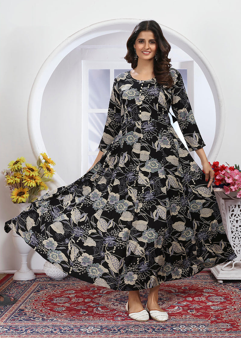 Monjolika Fashion Black Premium Chanderi Floral Printed Long Kurti With Dupatta | Grocsy