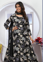 Monjolika Fashion Black Premium Chanderi Floral Printed Long Kurti With Dupatta | Grocsy