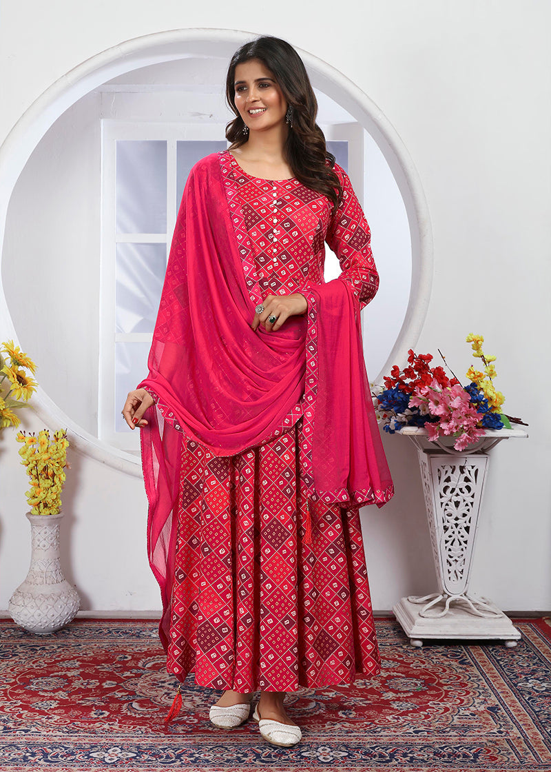 Monjolika Fashion Pink Premium Chanderi Floral Printed Long Kurti With Dupatta | Grocsy