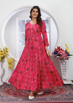 Monjolika Fashion Pink Premium Chanderi Floral Printed Long Kurti With Dupatta | Grocsy