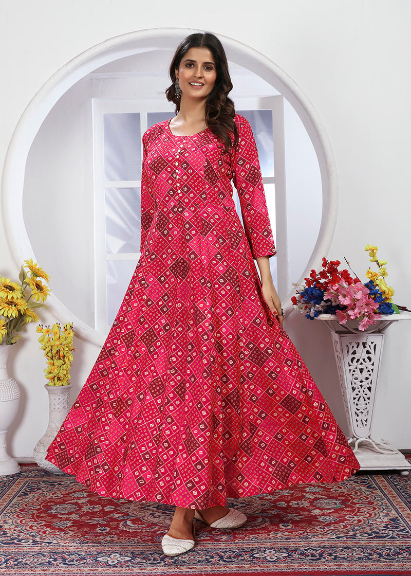 Monjolika Fashion Pink Premium Chanderi Floral Printed Long Kurti With Dupatta | Grocsy