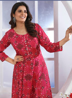 Monjolika Fashion Pink Premium Chanderi Floral Printed Long Kurti With Dupatta | Grocsy