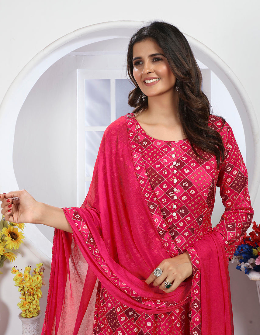 Monjolika Fashion Pink Premium Chanderi Floral Printed Long Kurti With Dupatta | Grocsy