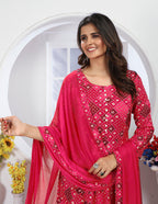 Monjolika Fashion Pink Premium Chanderi Floral Printed Long Kurti With Dupatta | Grocsy