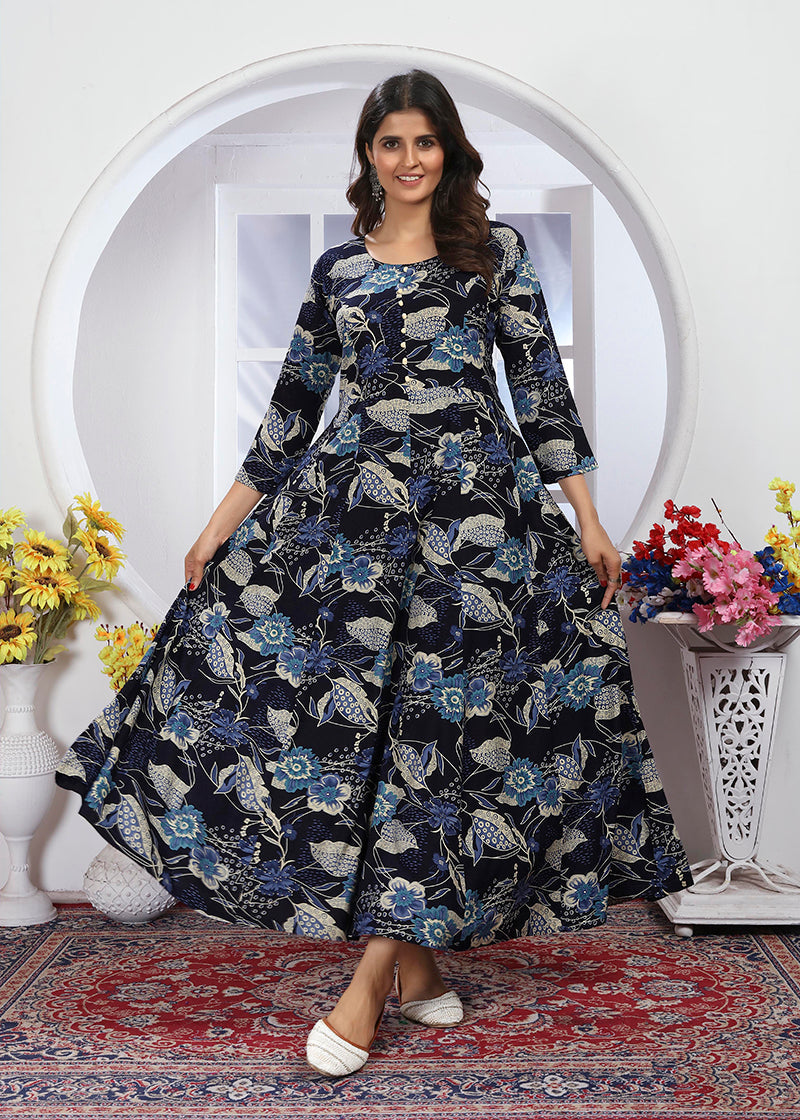 Monjolika Fashion Royal Blue Premium Chanderi Floral Printed Long Kurti With Dupatta | Grocsy
