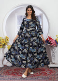 Monjolika Fashion Royal Blue Premium Chanderi Floral Printed Long Kurti With Dupatta | Grocsy