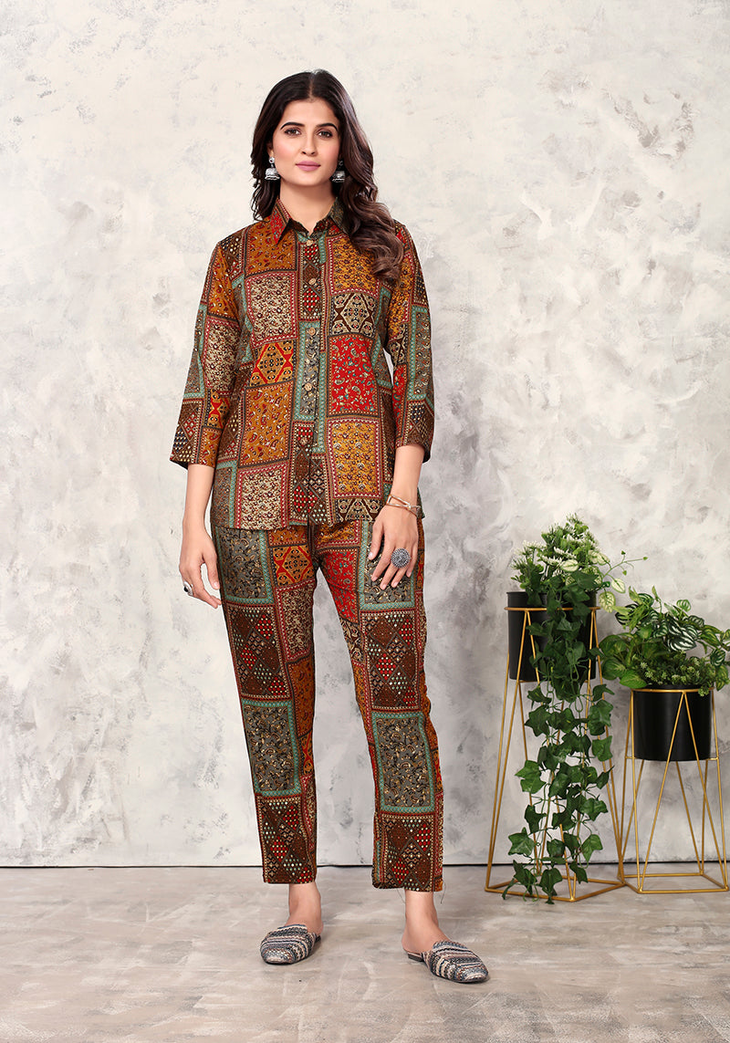 Monjolika Fashion Brown Premium Rayon Floral Printed Co Ord Set | Grocsy