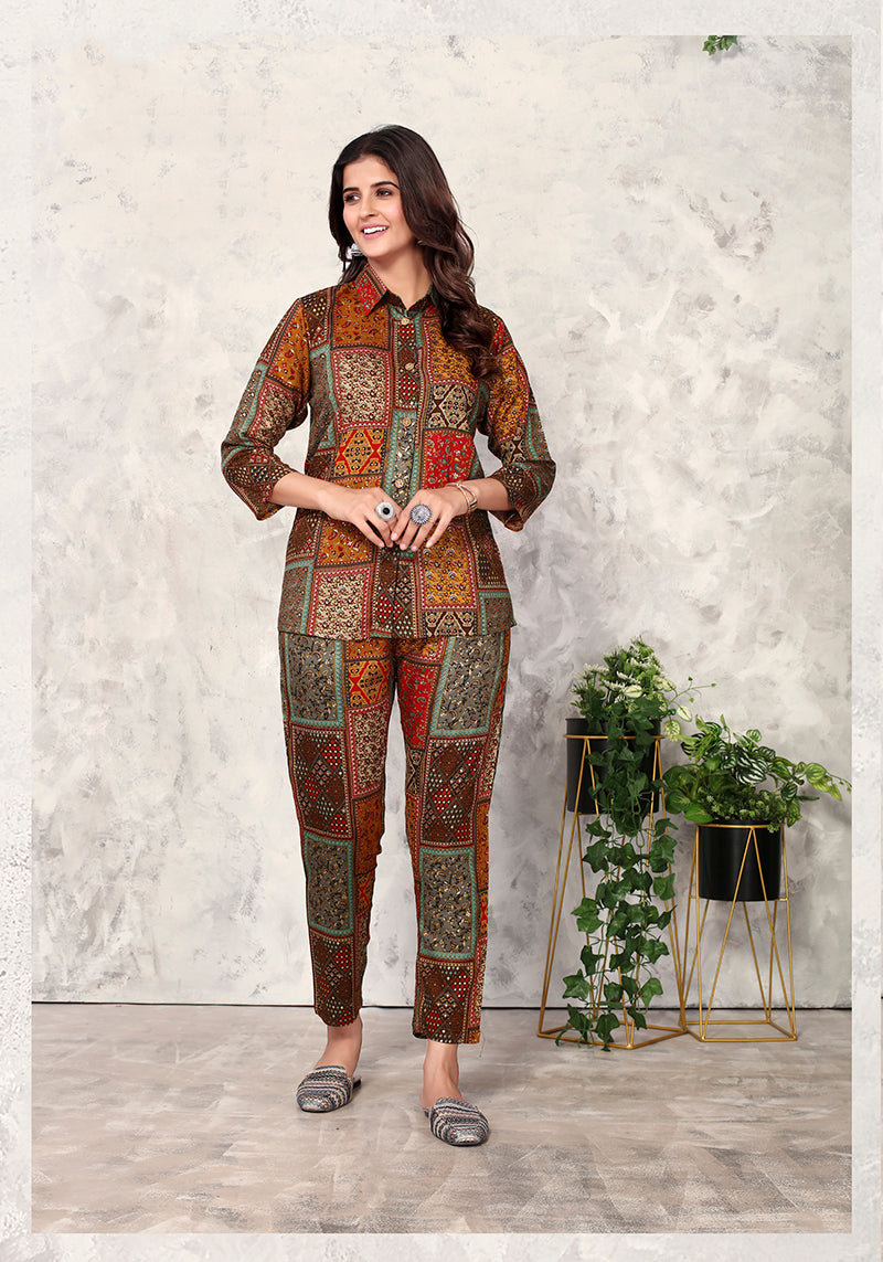 Monjolika Fashion Brown Premium Rayon Floral Printed Co Ord Set | Grocsy