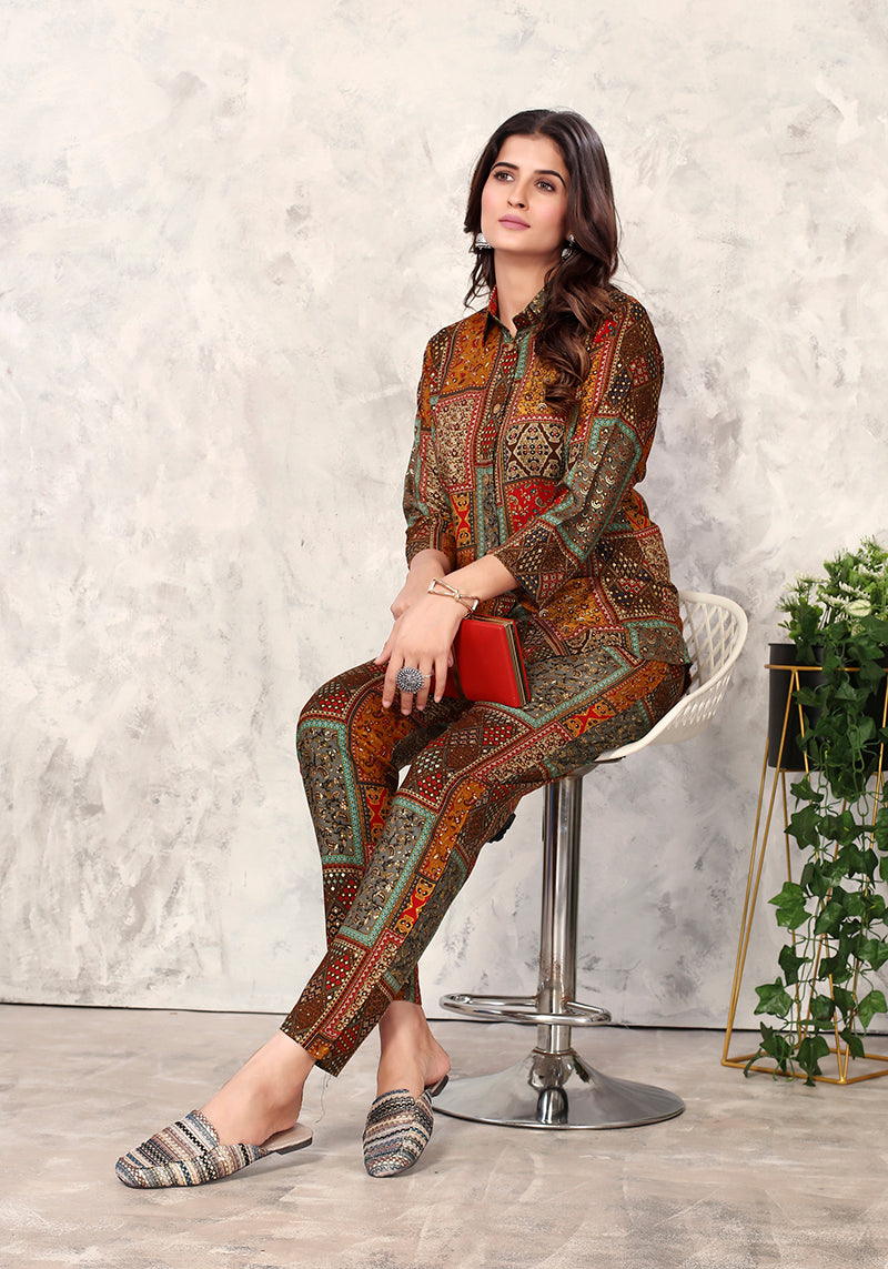 Monjolika Fashion Brown Premium Rayon Floral Printed Co Ord Set | Grocsy