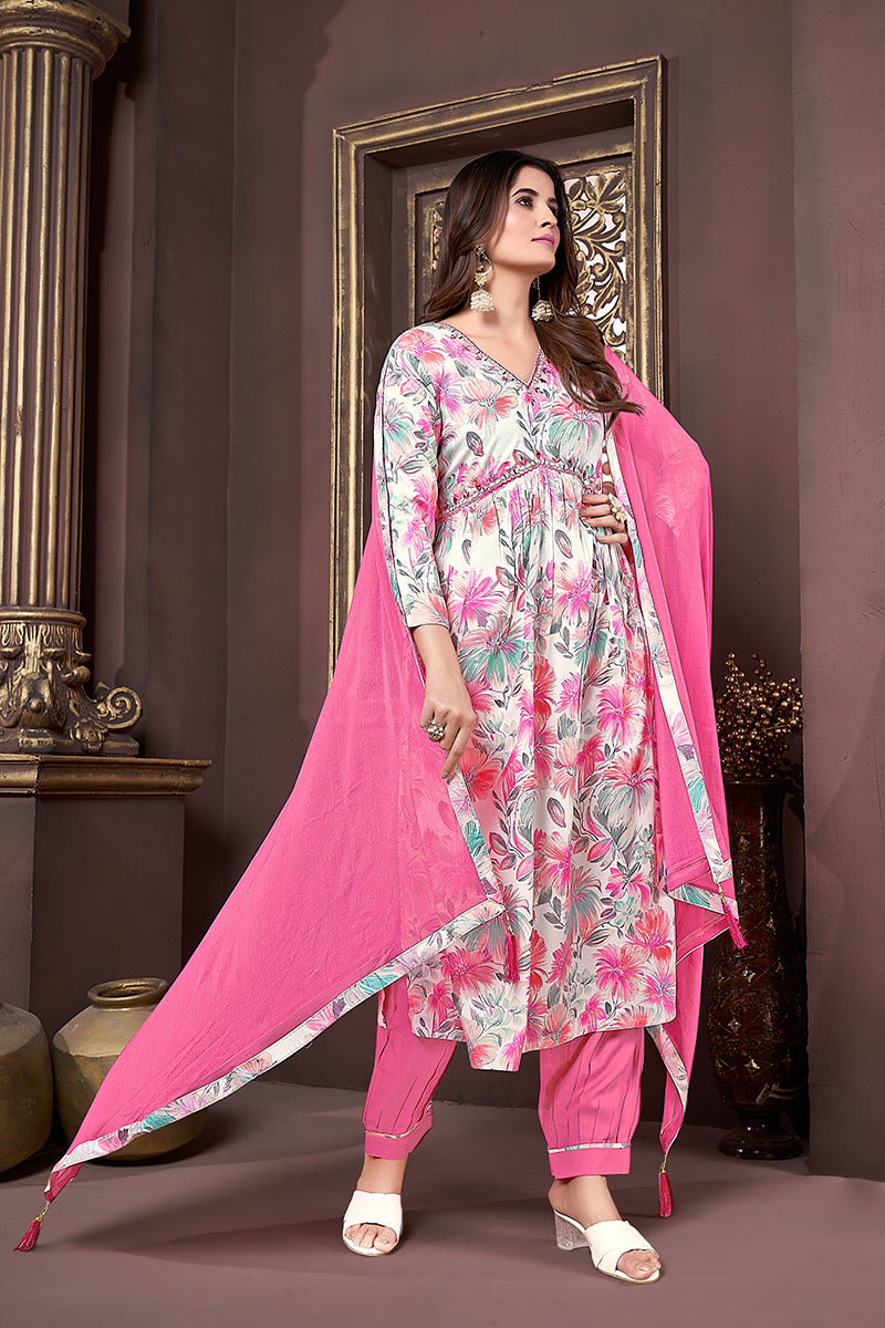 Monjolika Fashion Off White And Pink Rayon Printed Afghani Suit | Grocsy