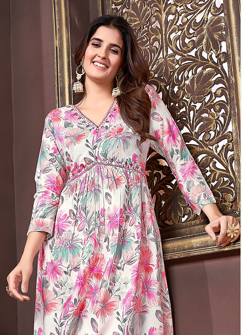Monjolika Fashion Off White And Pink Rayon Printed Afghani Suit | Grocsy