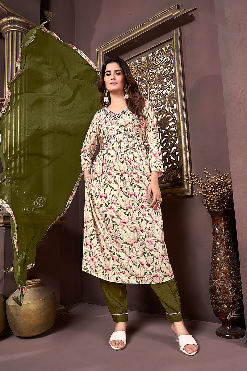 Monjolika Fashion Mehendi Green Rayon Printed Festival Wear Afghani Suit | Grocsy