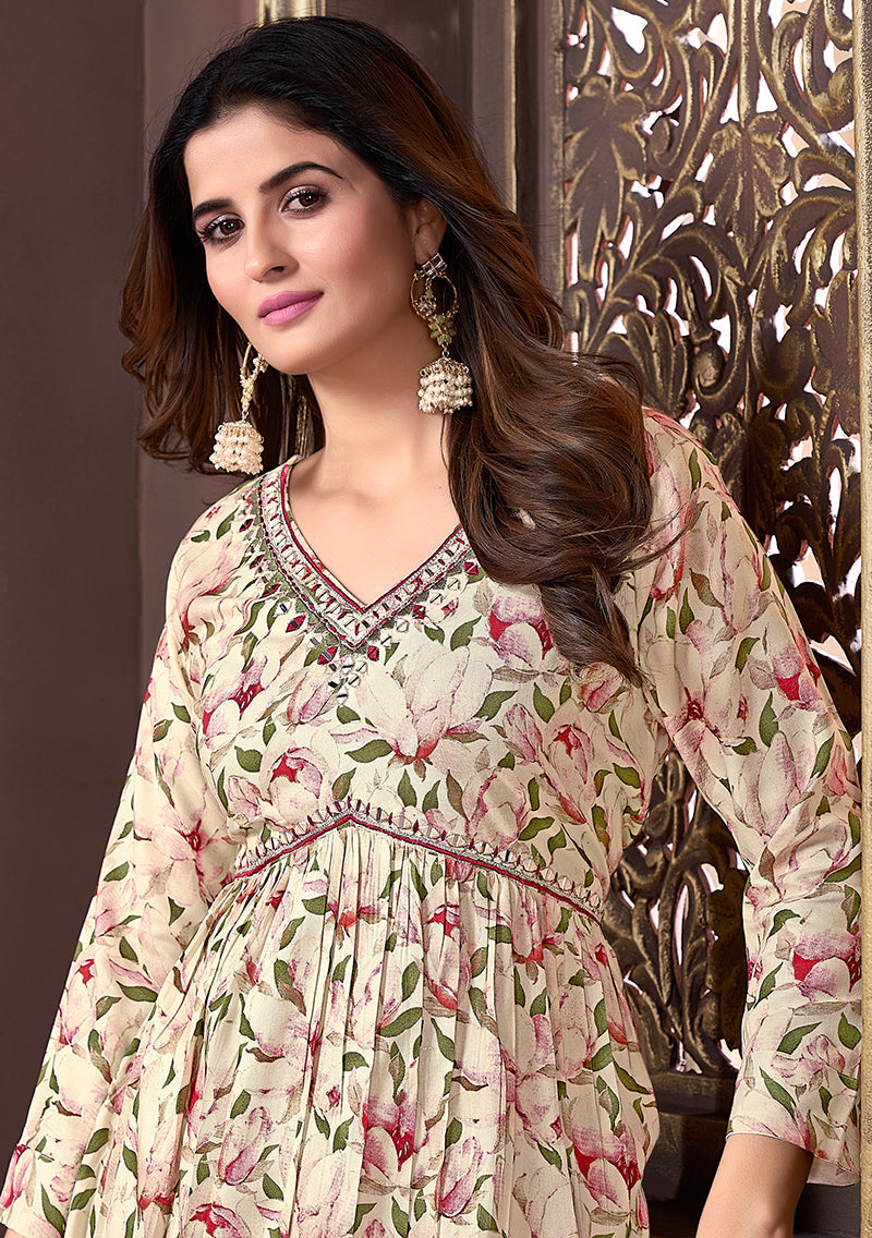 Monjolika Fashion Mehendi Green Rayon Printed Festival Wear Afghani Suit | Grocsy