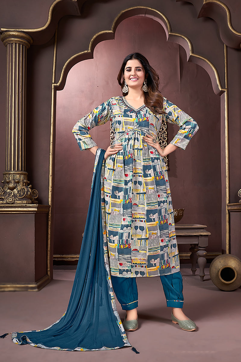 Monjolika Fashion Blue Rayon Printed Festival Wear Afghani Suit | Grocsy
